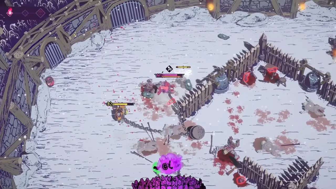 Chained Beasts afflictions arena combat with chained fighters, spiked fences and red outlined objects
