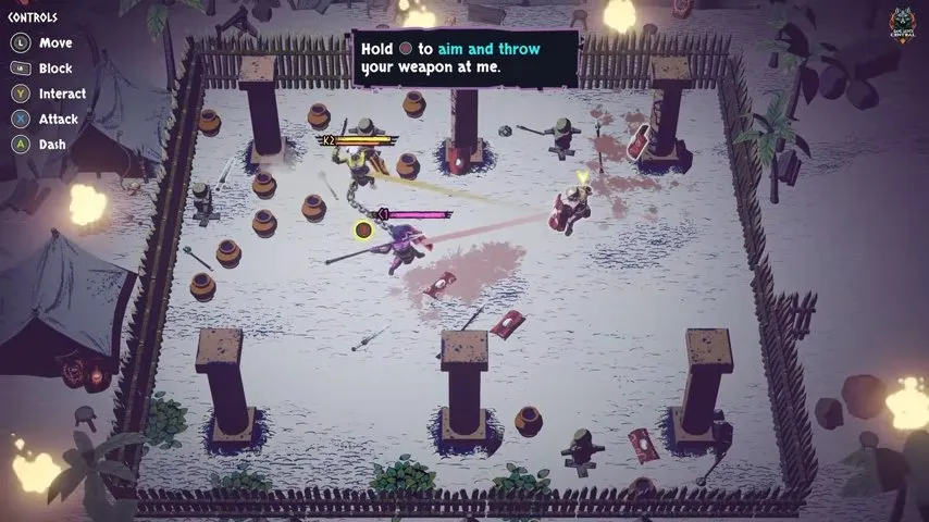 Chained Beasts tips: a fighter aims a weapon beneath the tutorial throwing prompt