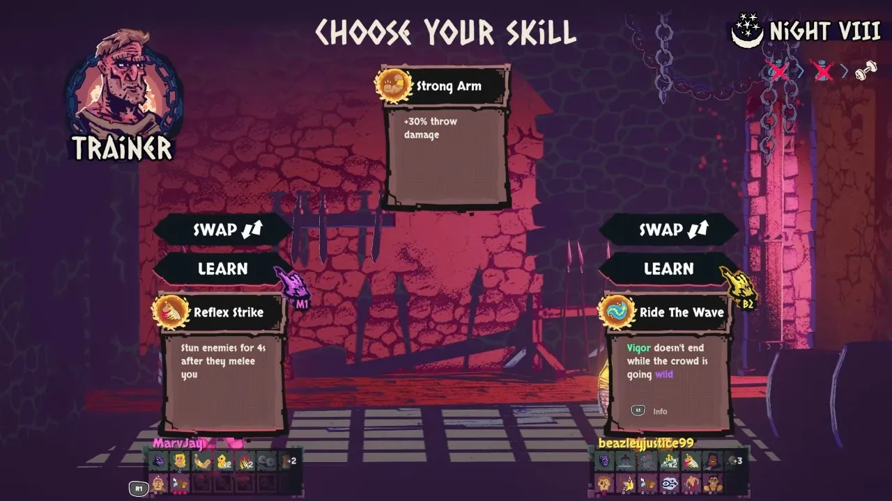 Chained Beasts Vigor Ride The Wave skill card beside the Learn button at the Trainer